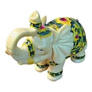 Vintage Elephant Figurine Hand Painted Multicolor Glass Jewels Made From Resin